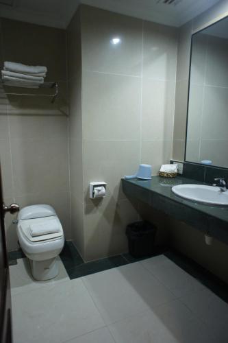uma casa de banho com um WC, um lavatório e um espelho. em Tyng Garden Hotel em Sandakan