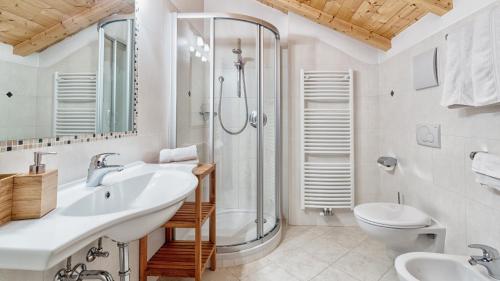 a bathroom with a shower and a sink and a toilet at Apartments Ansciuda in Ortisei