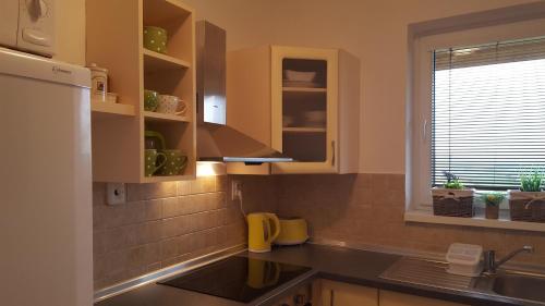 eine Küche mit Holzschränken, einem Waschbecken und einem Fenster in der Unterkunft Pinewood Valley Oasis in Vyšné Ružbachy