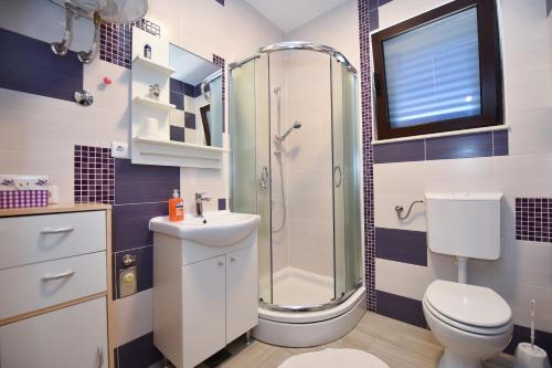 La salle de bains est pourvue d'une douche, de toilettes et d'un lavabo. dans l'établissement Apartments Enya, à Novalja