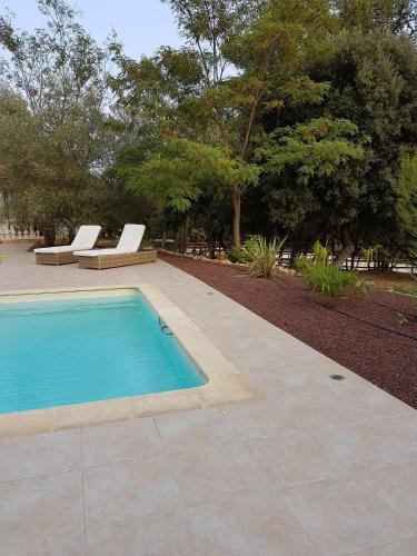 une piscine avec deux chaises longues et des arbres dans l'établissement Séjour Pic Saint Loup, à Saint-Mathieu-de-Tréviers