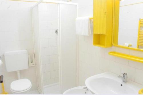 a bathroom with a toilet and a shower and a sink at Residence Moulin in Aymavilles