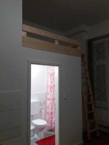a bathroom with a toilet and a bunk bed at Ferienwohnung in Berlin