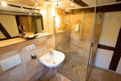 a bathroom with a sink and a shower at Beate's Bed & Breakfast in Münzenberg