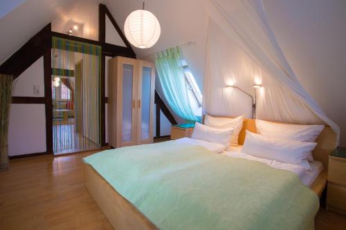 a bedroom with a large bed with a canopy at Beate's Bed & Breakfast in Münzenberg