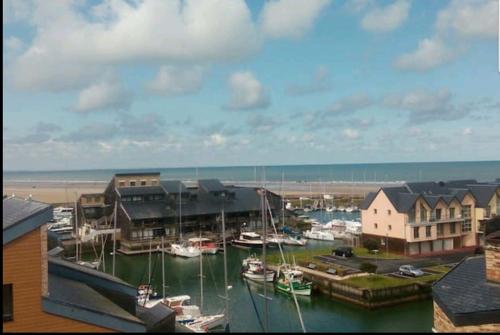 un gruppo di barche sono ormeggiate in un porto di Le nid sur la mer a Deauville