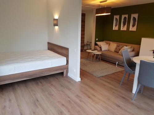 a room with a bed and a couch and a table at Felix Apartment in Vilnius