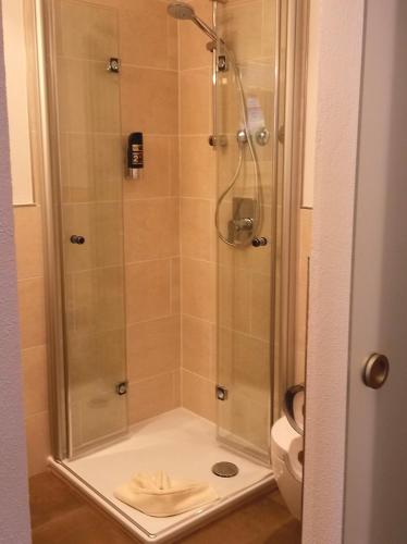 a shower with a glass shower stall in a bathroom at Hotel Alp Inn - Chiemgaukarte inclusive in Ruhpolding