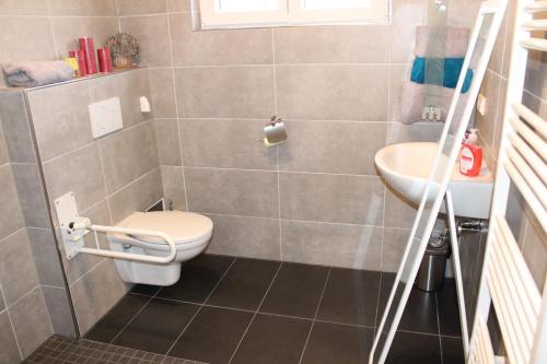 La petite salle de bains est pourvue de toilettes et d'un lavabo. dans l'établissement Ferienwohnung Albblick 1 Münsingen, à Münsingen