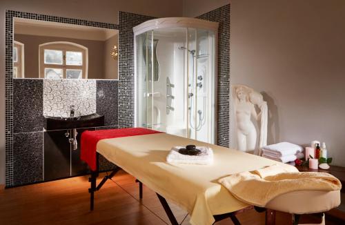 La salle de bains est pourvue d'une table, d'un lavabo et d'une douche. dans l'établissement Spa Resort Libverda - Villa Friedland, à Lázně Libverda