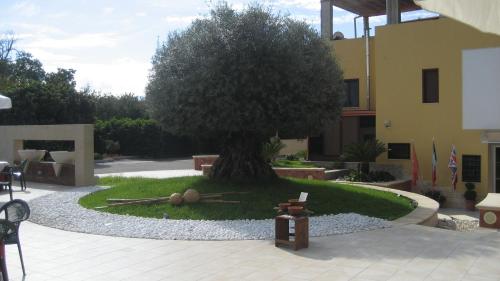 a tree sitting in the middle of a courtyard at Hotel Ginevra in Poggiomarino