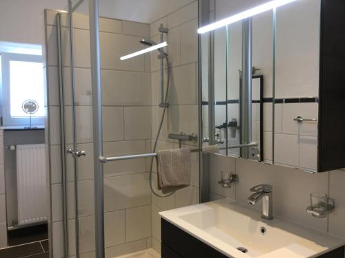 a bathroom with a shower with a sink and a mirror at Pension Graef in Cochem