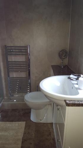 a bathroom with a sink and a toilet and a tub at Dunroaming Cottage in Pendine