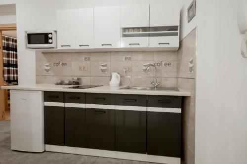 コウォブジェクにあるApartament Regina - Jantarの白と黒のキャビネットとシンク付きのキッチン