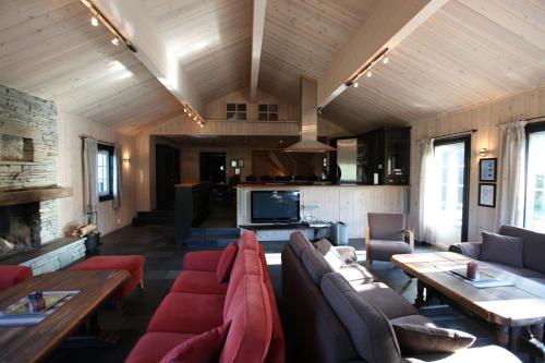 a living room with couches and tables and a tv at Kirkebøen Hytter in Hemsedal