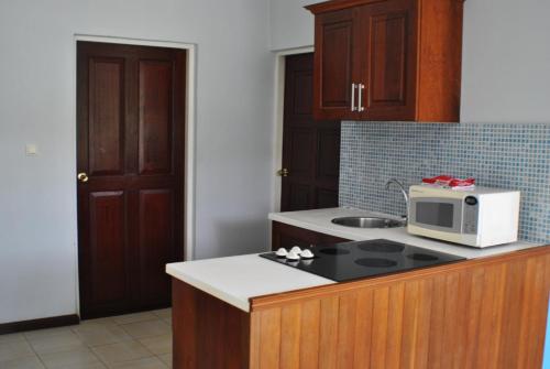 a kitchen with a microwave on top of a counter at Joah Inn Appartementen in Paramaribo