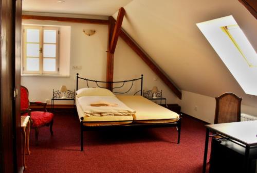 ein Schlafzimmer mit einem Bett im Dachgeschoss in der Unterkunft Penzion Kasper Cyklopenzion in Jindřichův Hradec