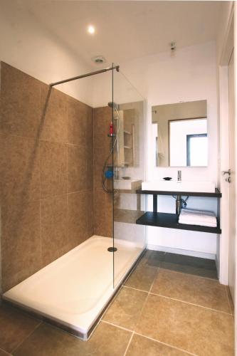 une salle de bain avec une douche en verre et un lavabo dans l'établissement Le 27, à Malaucène