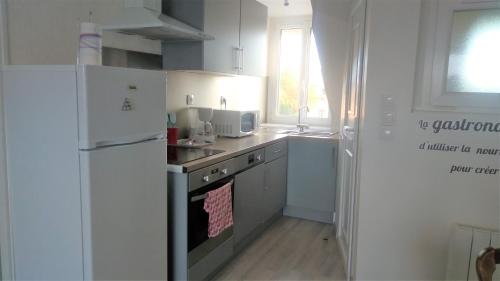 Il comprend une cuisine équipée d'un réfrigérateur et d'une cuisinière. four supérieur dans l'établissement Orchidée, à Berck-sur-Mer