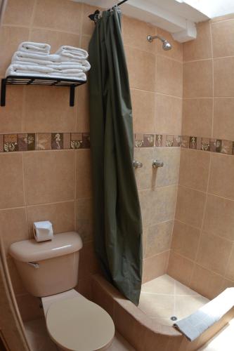 łazienka z prysznicem, toaletą i zasłoną prysznicową w obiekcie Departamentos Cusco w Cuzco