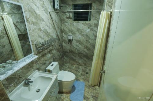 a bathroom with a toilet and a sink and a shower at Southview Hotel in Dumaguete