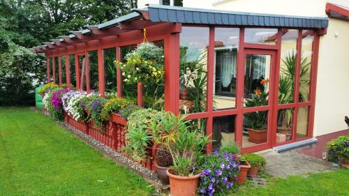 a greenhouse with plants and flowers in a yard at Ferienwohnungen Gronen in Boppard