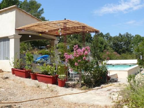 a group of plants in pots next to a pool at Les Karakis, piscine au sel, jardin 5000m2 in Les Arcs sur Argens
