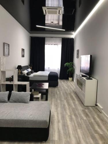 a living room with two beds and a flat screen tv at Am Brand in Mainz