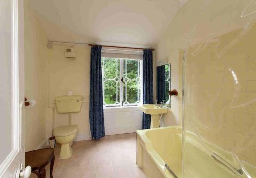 a bathroom with a toilet and a tub and a window at Hollybank House in Emsworth