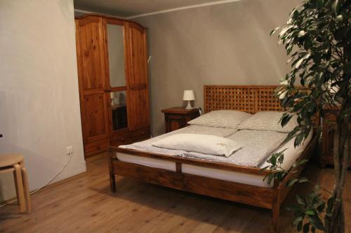 ein Schlafzimmer mit einem Bett und einer Topfpflanze in der Unterkunft Zimmer David in Köln
