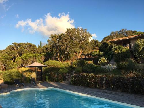 une piscine devant une maison dans l'établissement Domaine les Hauts de Capicciola, à Pinarellu