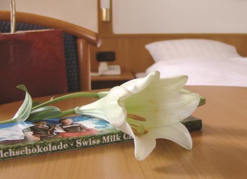 a white flower sitting on a table next to a book at Seligweiler Hotel & Restaurant in Ulm