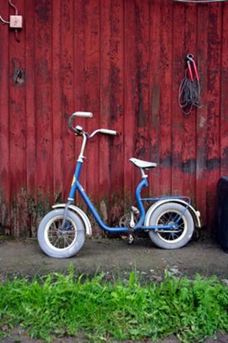 a blue scooter parked next to a red wall at Smultronboda Fårgård in Edsbruk