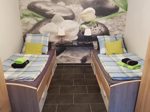 2 Betten in einem Zimmer mit Wandgemälde in der Unterkunft Appartement Stein in Fritzlar