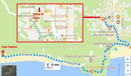 a map of a city with a red line at Pietre di Mare in Monterosso al Mare