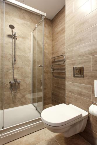 a bathroom with a toilet and a shower at Old Town Trio Apartments in Vilnius