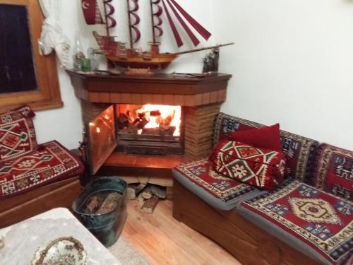 a living room with a fireplace and two couches at Zirve Dağ Evi in Kocaeli