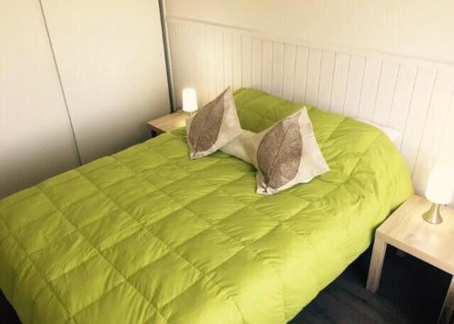 Una cama verde con dos almohadas encima. en Apartamentos Nevados de Pucón, en Pucón