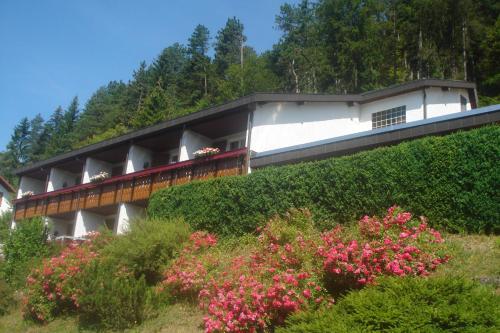 a building on a hill with flowers in front of it at Pension Himmelreich in Glatt
