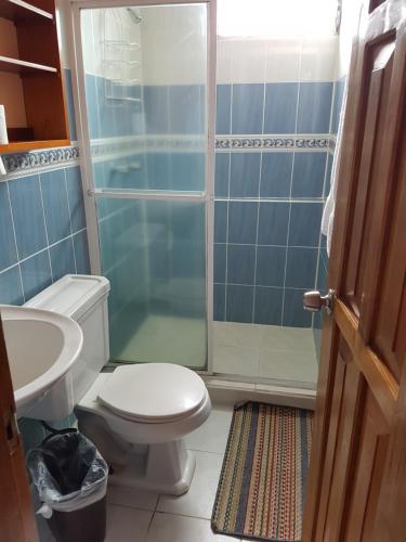 a bathroom with a shower and a toilet and a sink at Residencial El Valle in Valle de Anton
