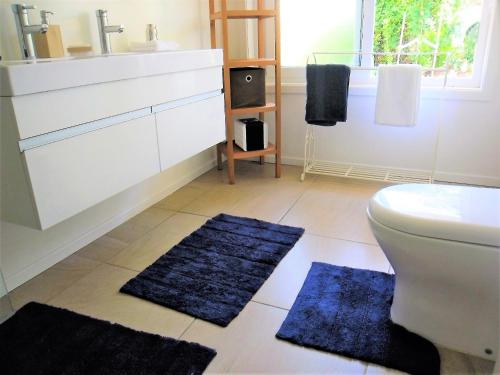 La salle de bains est pourvue de 2 tapis bleus, d'un lavabo et de toilettes. dans l'établissement Blue Birds, à Oneroa