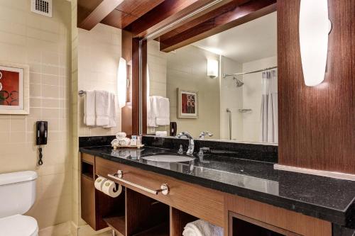 a bathroom with a sink and a toilet and a mirror at Crowne Plaza Hotel Foster City-San Mateo by IHG in Foster City