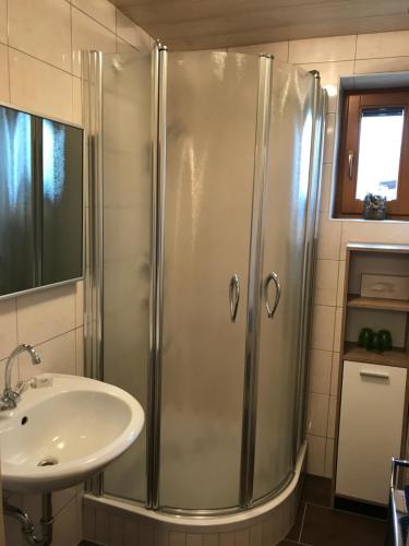 uma casa de banho com um chuveiro e um lavatório. em Pferdehof Bachegg em Tobadill