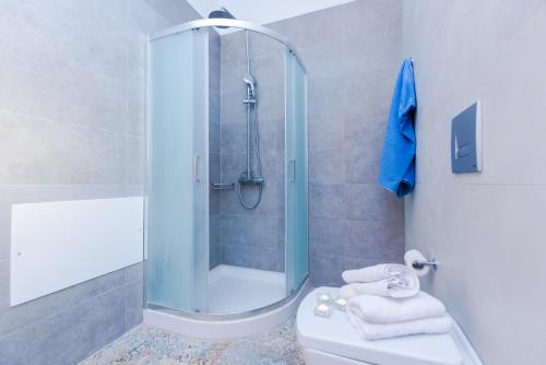 a bathroom with a shower and a toilet with towels at Mon Emvasia Margarites Villas in Margarítai