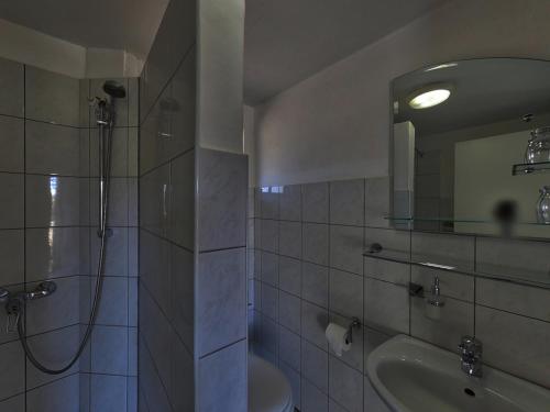 uma casa de banho com um chuveiro, um lavatório e um espelho. em Immanuel Wilderness Lodge em Windhoek