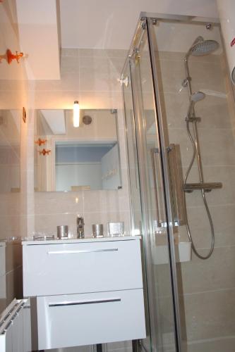 une salle de bain avec douche et lavabo dans l'établissement Magnifique vue Mer et Forêt, à Cabourg