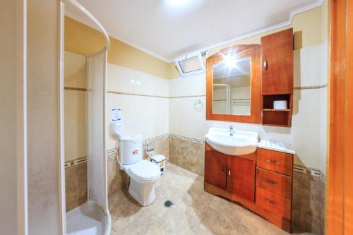 uma casa de banho com um WC, um lavatório e um chuveiro em Zante Bay Studios em Laganas