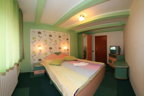 Giường trong phòng chung tại Pensiunea Ianis Moieciu