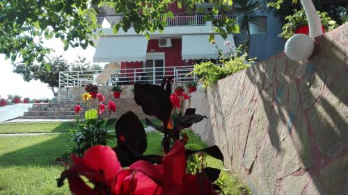 a wall with flowers in front of a house at Spiros Rooms in Kastrosikia