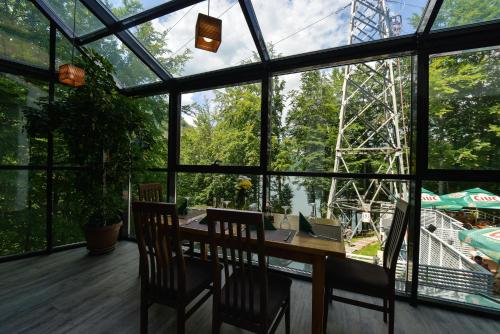 a room with a table and chairs and a ferris wheel at Hotel Posada Vidraru in Căpăţîneni-Ungureni
